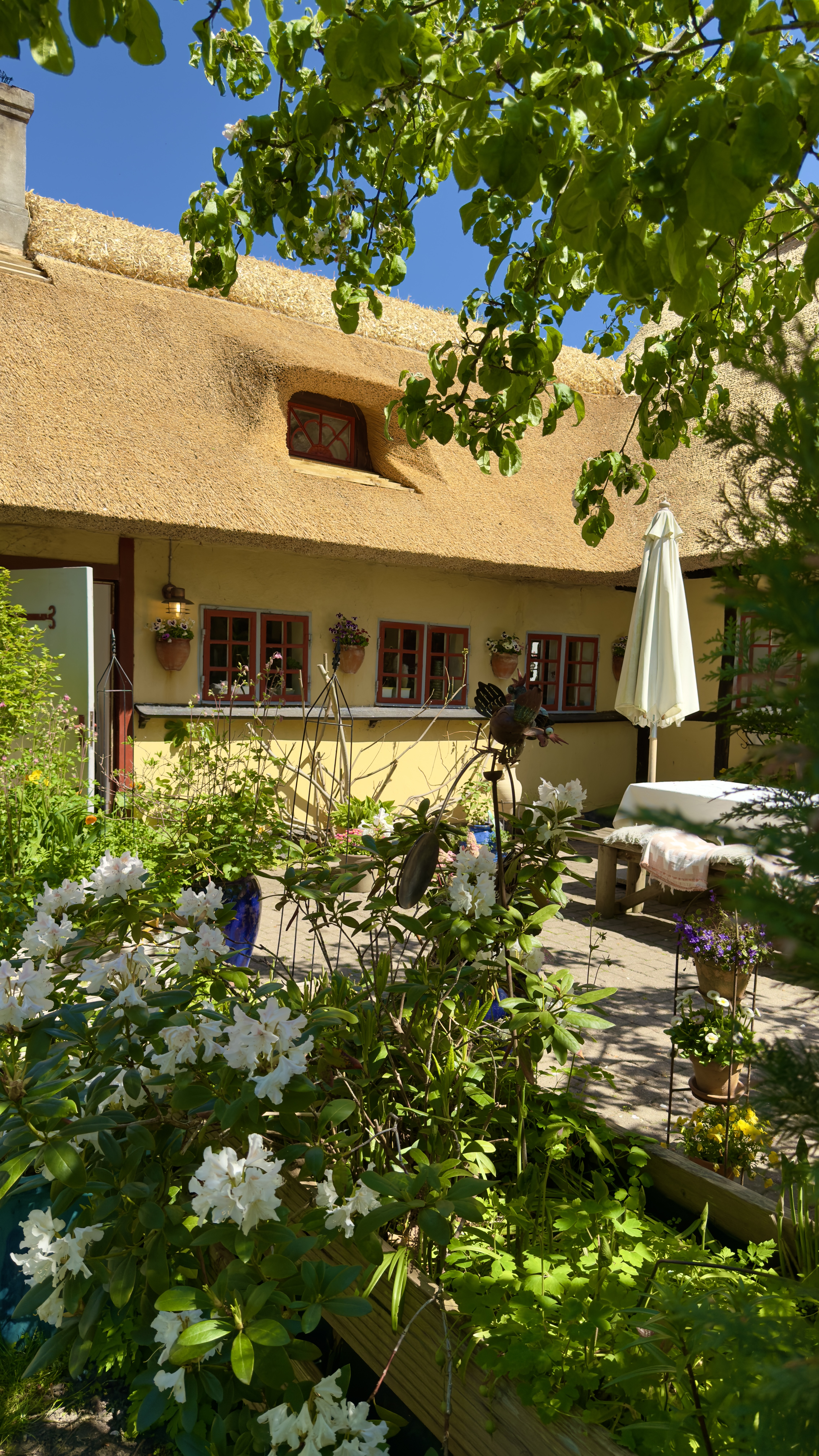 Hyggelig gårdhave ved Chefs Cottage and Garden Café med stråtækt bygning, blomstrende bede og udeservering i grønne omgivelser.