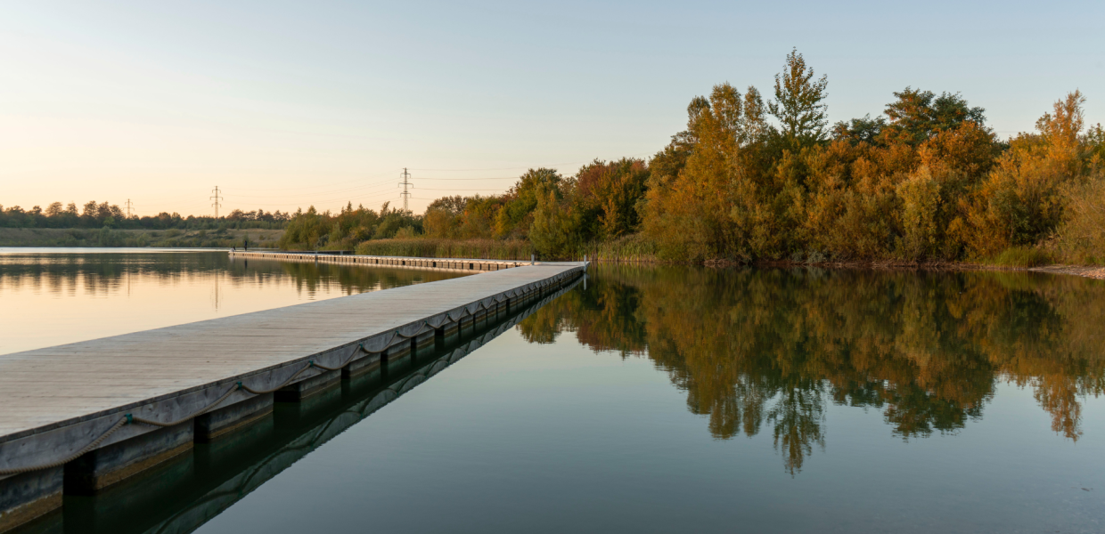 Lang træbro ved Himmelsøen med spejlblankt vand og efterårsfarver i skov og siv.