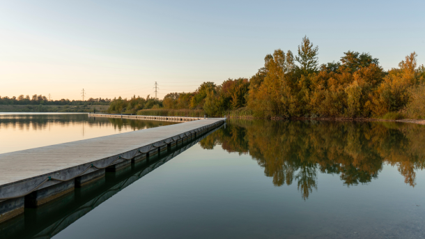 Lang træbro ved Himmelsøen med spejlblankt vand og efterårsfarver i skov og siv.