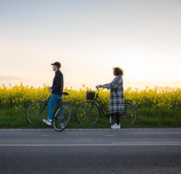 2 personer på cykel ved en rapsmark